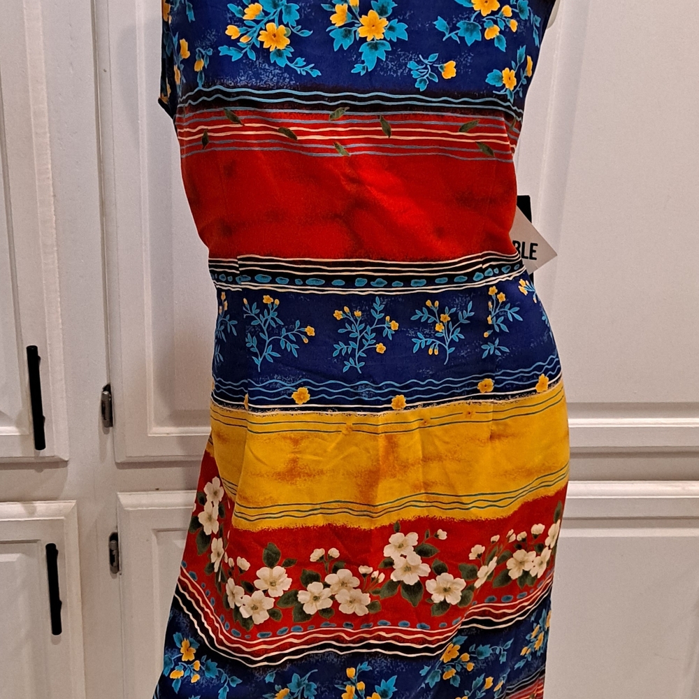 Sag Harbor Vibrant Red Blue Yellow Floral Striped Colorblock Kneelength Dress